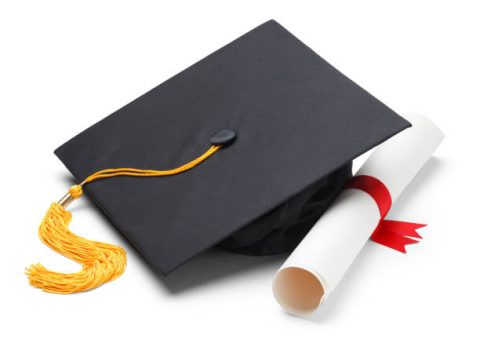 Black Graduation Cap with Degree Isolated on White Background.